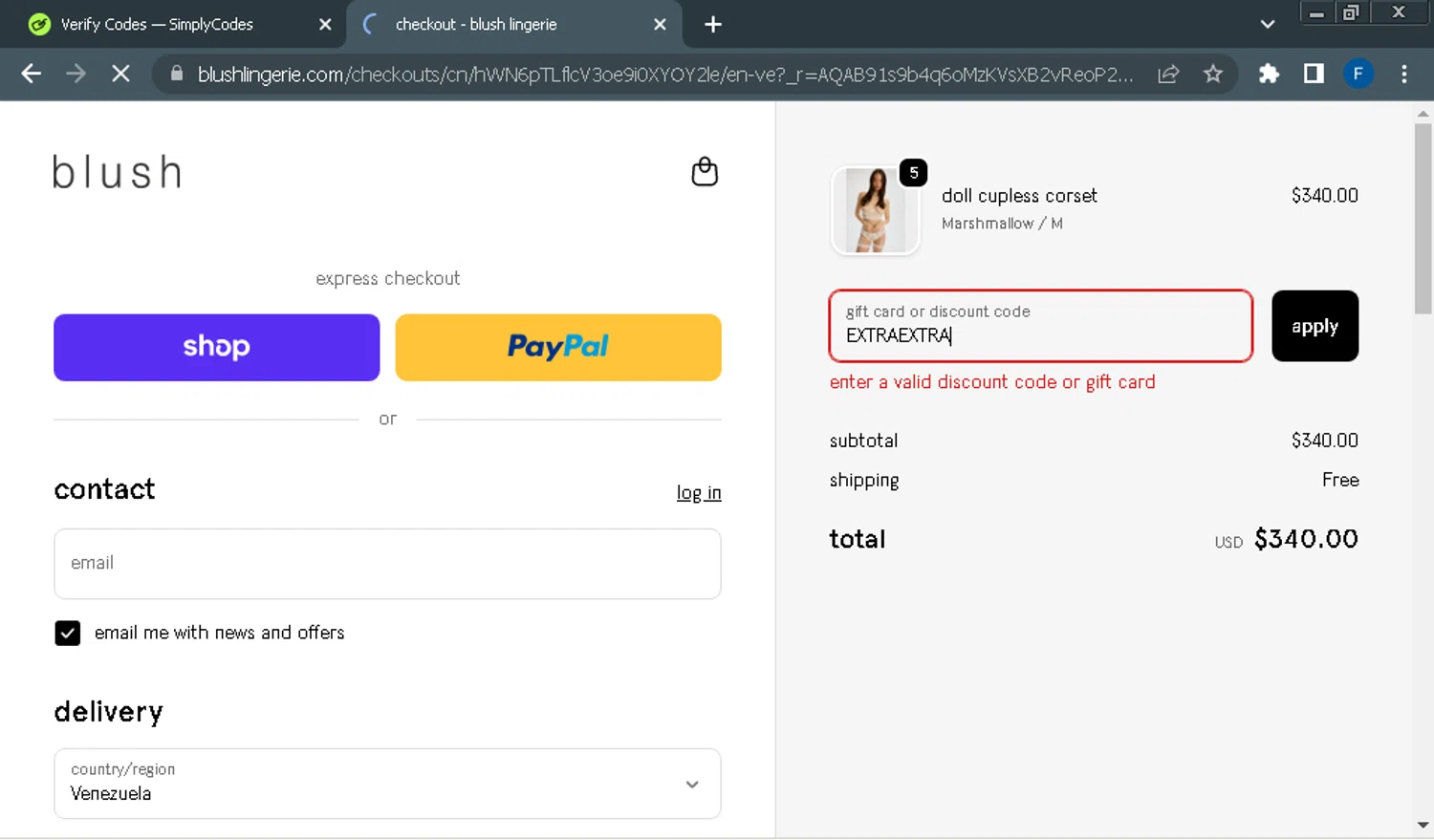 Blush Lingerie discount code screenshot showing code EXTRAEXTRA applied at Blush Lingerie checkout page. Uploaded by SimplyCodes community member Fraimer on Dec 25, 2025