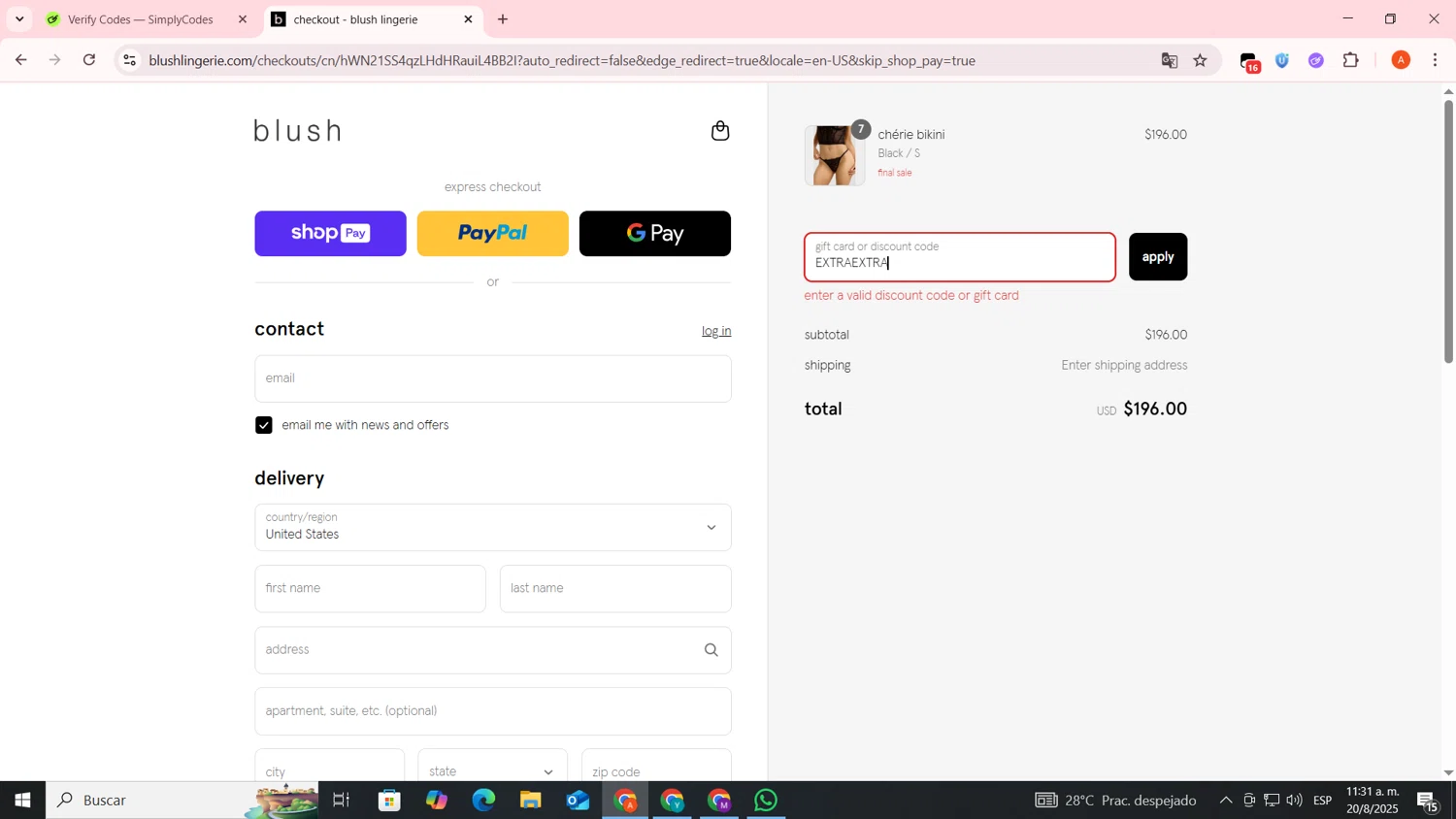 Blush Lingerie discount code screenshot showing code EXTRAEXTRA applied at Blush Lingerie checkout page. Uploaded by SimplyCodes community member FrugalSentinel6206 on Aug 20, 2025