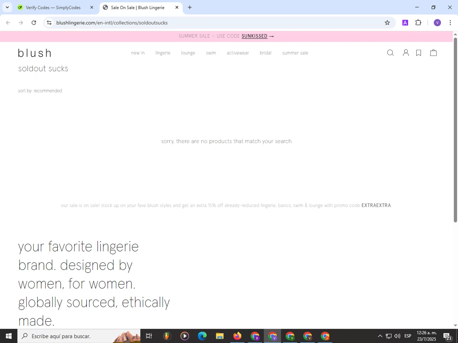 Blush Lingerie discount code screenshot showing code EXTRAEXTRA applied at Blush Lingerie checkout page. Uploaded by SimplyCodes community member Satoru_gojo on Jul 23, 2025