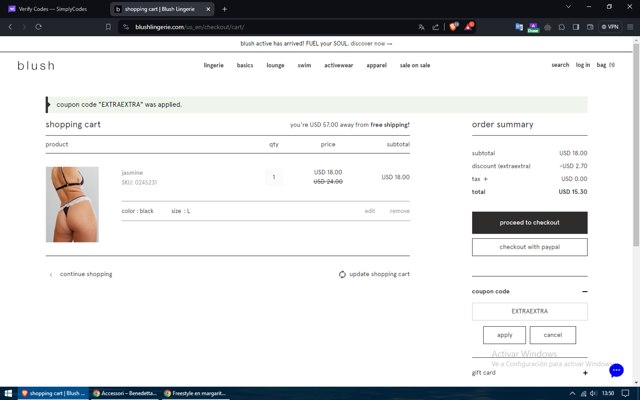 Blush Lingerie checkout page showing Blush Lingerie discount code box | Screenshot taken by SimplyCodes community member on Feb 16, 2024