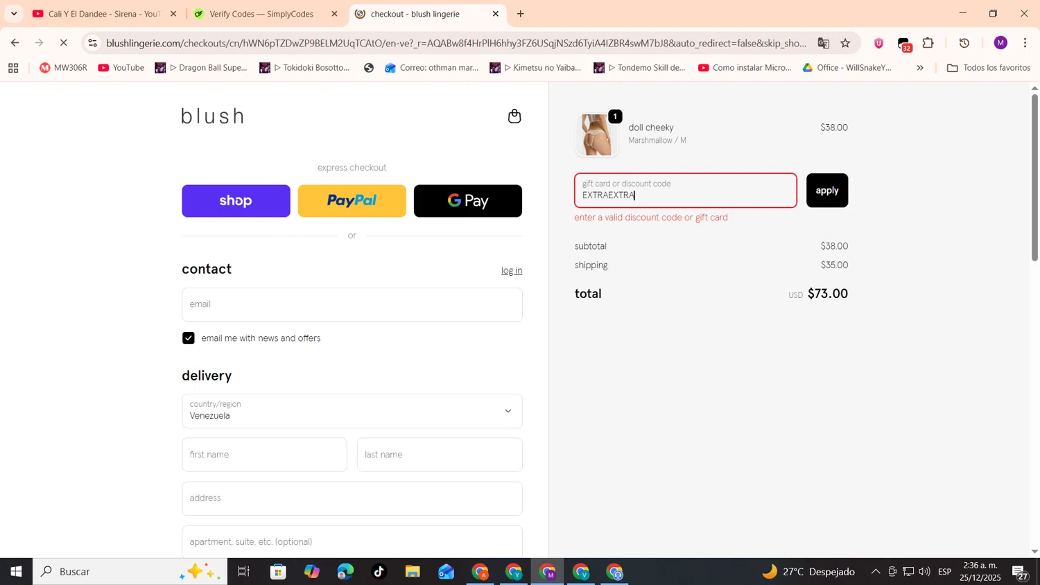 Blush Lingerie discount code screenshot showing code EXTRAEXTRA applied at Blush Lingerie checkout page. Uploaded by SimplyCodes community member cod_gakpo on Dec 25, 2025