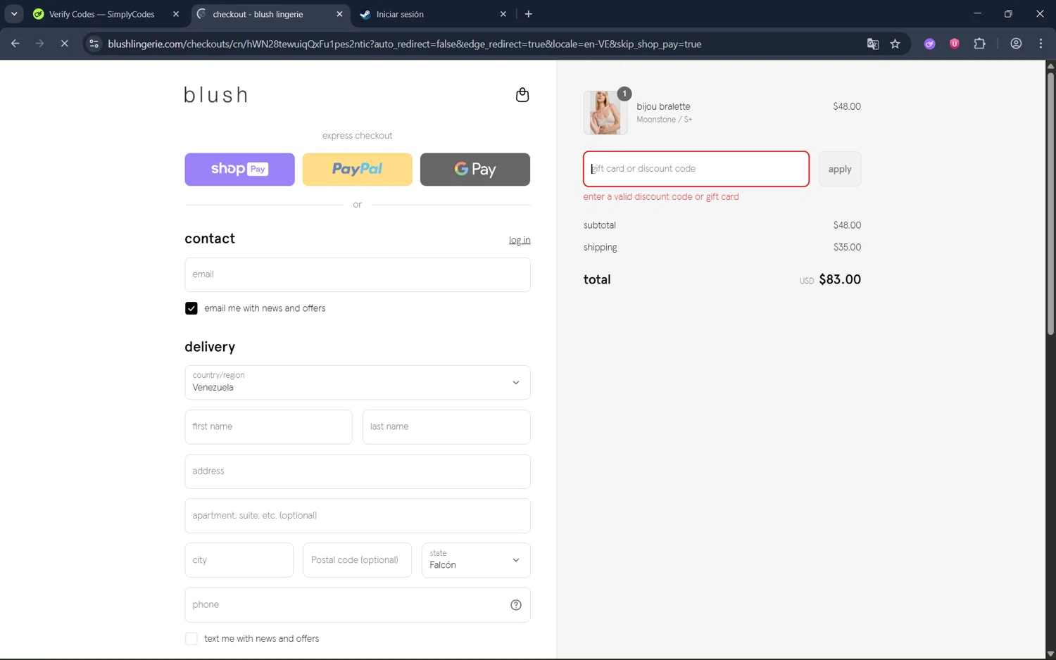 Blush Lingerie discount code screenshot showing code EMPOWERED applied at Blush Lingerie checkout page. Uploaded by SimplyCodes community member juan1702 on Aug 23, 2025