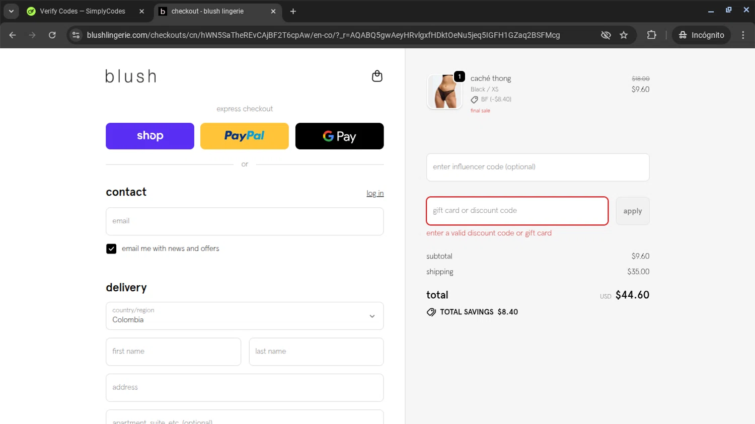 Blush Lingerie discount code screenshot showing code HEATWAVE applied at Blush Lingerie checkout page. Uploaded by SimplyCodes community member AVAMUSTANG on Nov 19, 2025