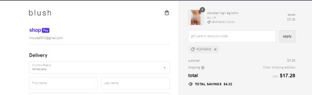Blush Lingerie checkout page showing Blush Lingerie discount code box | Screenshot taken by SimplyCodes community member on Aug 4, 2024