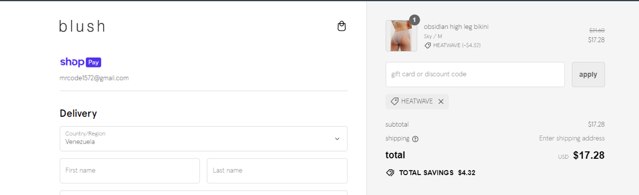 Blush Lingerie checkout page showing Blush Lingerie discount code box | Screenshot taken by SimplyCodes community member on Aug 4, 2024