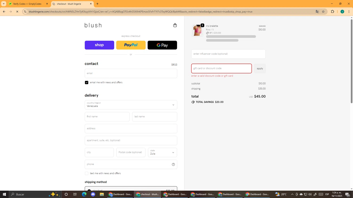 Blush Lingerie discount code screenshot showing code SOS applied at Blush Lingerie checkout page. Uploaded by SimplyCodes community member DealScout5970 on Nov 16, 2025