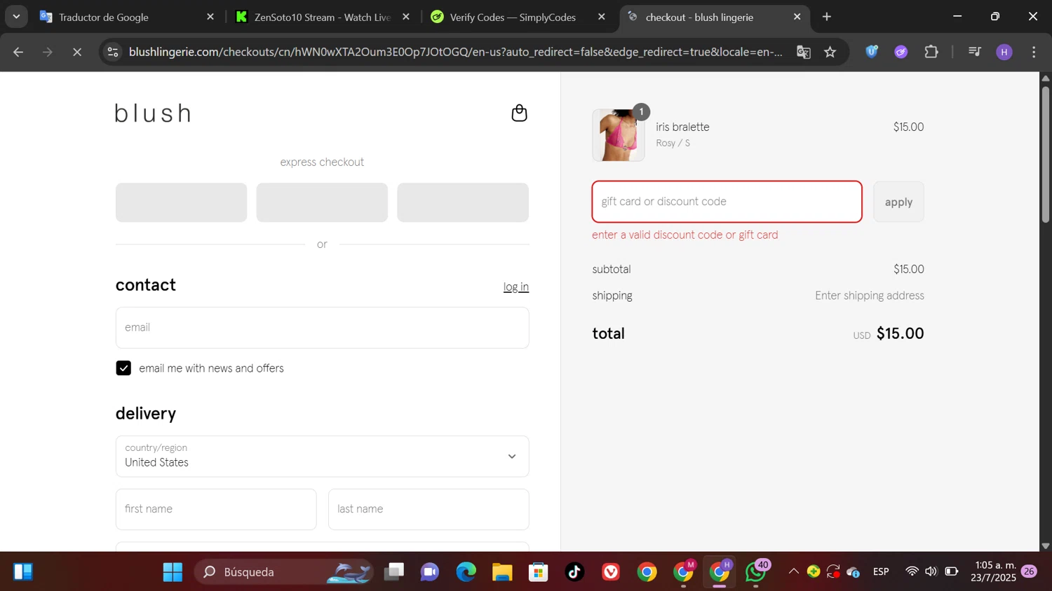 Blush Lingerie discount code screenshot showing code SOS applied at Blush Lingerie checkout page. Uploaded by SimplyCodes community member Patricioestrella on Jul 23, 2025