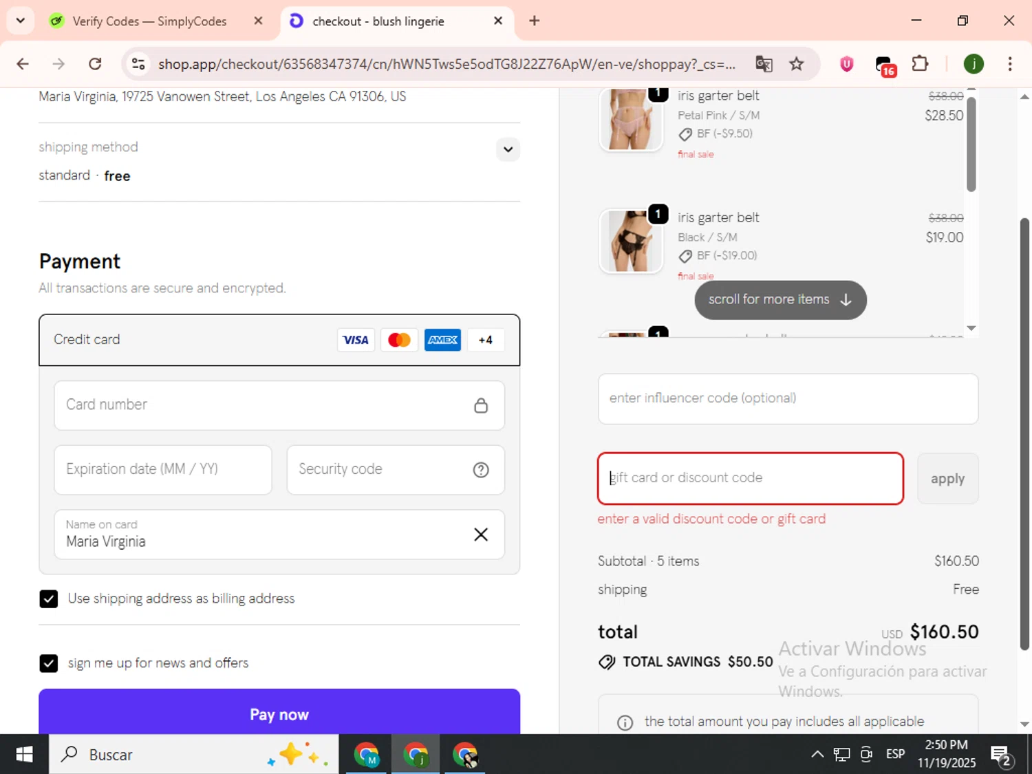 Blush Lingerie discount code screenshot showing code SOS applied at Blush Lingerie checkout page. Uploaded by SimplyCodes community member SavingsCollector2592 on Nov 19, 2025