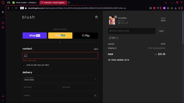 Blush Lingerie checkout page showing Blush Lingerie discount code box | Screenshot taken by SimplyCodes community member on Mar 4, 2025