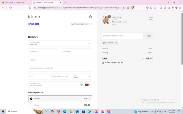 Blush Lingerie checkout page showing Blush Lingerie discount code box | Screenshot taken by SimplyCodes community member on Aug 10, 2025