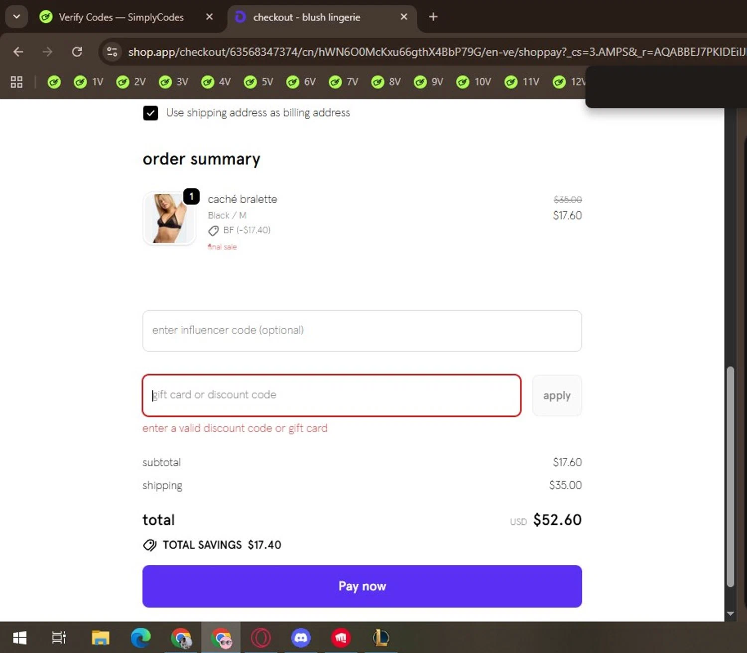 Blush Lingerie discount code screenshot showing code SUNKISSED applied at Blush Lingerie checkout page. Uploaded by SimplyCodes community member Locura on Dec 13, 2025