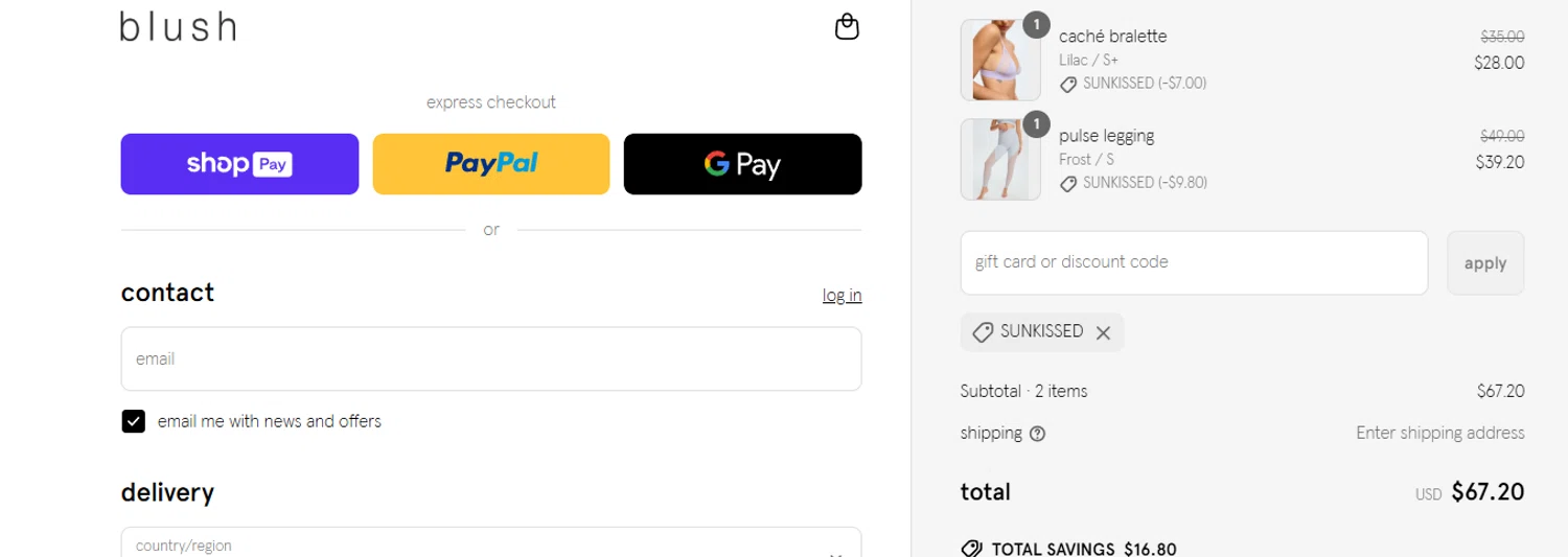 Blush Lingerie discount code screenshot showing code SUNKISSED applied at Blush Lingerie checkout page. Uploaded by SimplyCodes community member jesspea on Jun 13, 2025