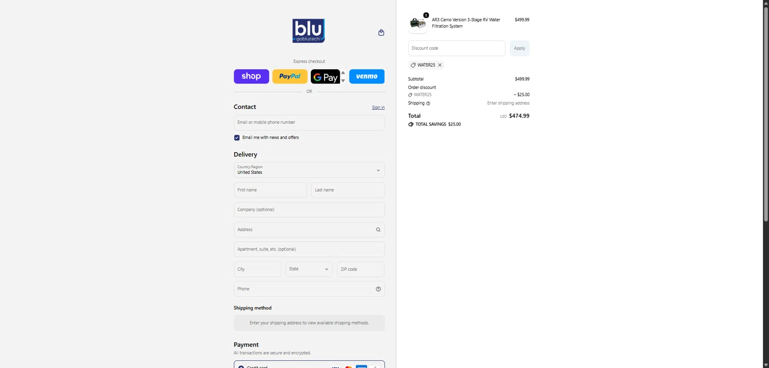 Blu Technology checkout page showing Blu Technology discount code box | Screenshot taken by SimplyCodes community member on Feb 14, 2026