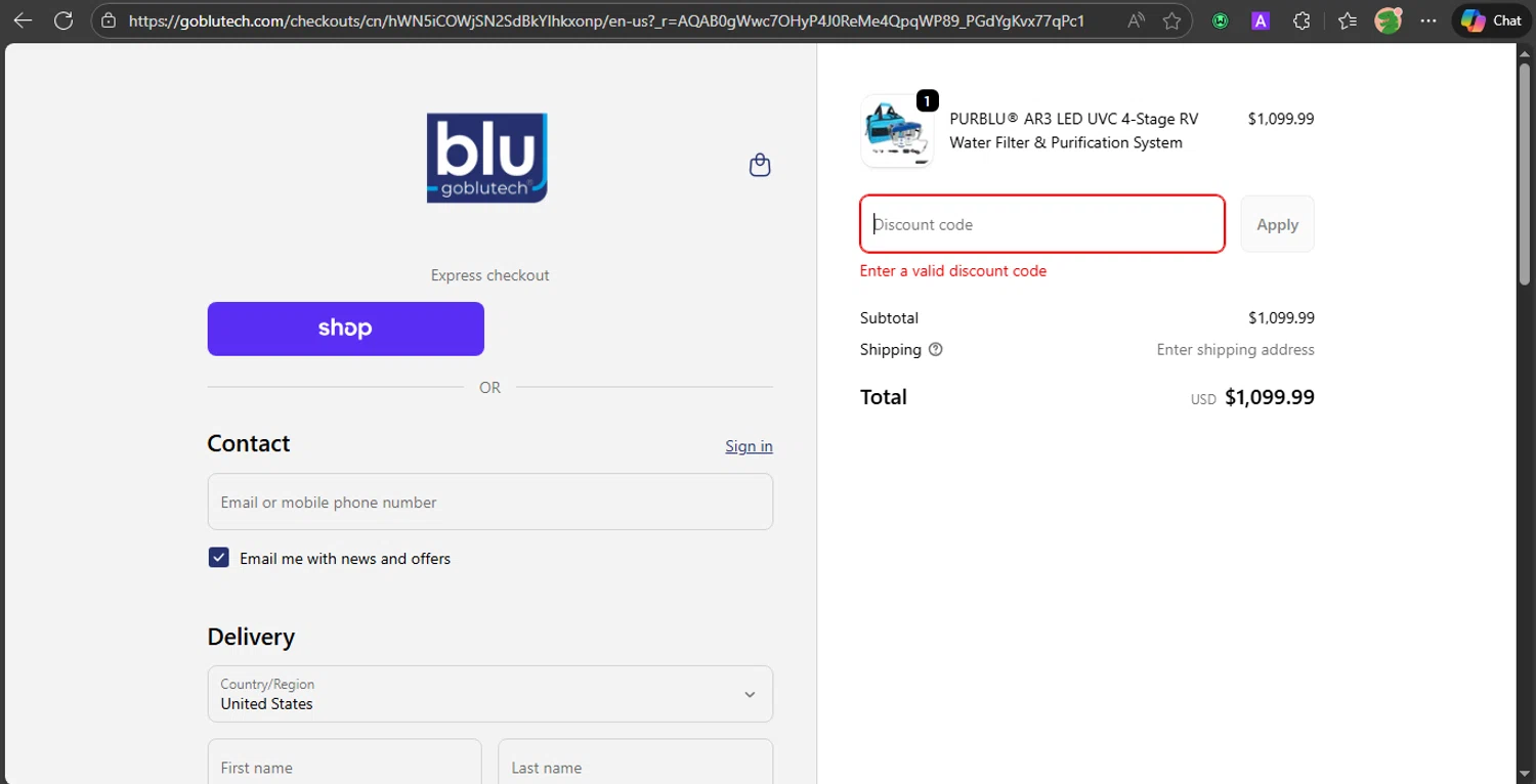 Blu Technology discount code screenshot showing code Water25 applied at Blu Technology checkout page. Uploaded by SimplyCodes community member PrincessCoupon on Nov 25, 2025