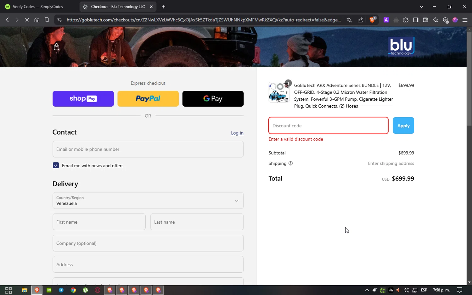 Blu Technology discount code screenshot showing code FYW applied at Blu Technology checkout page. Uploaded by SimplyCodes community member Heibk201 on Mar 9, 2025