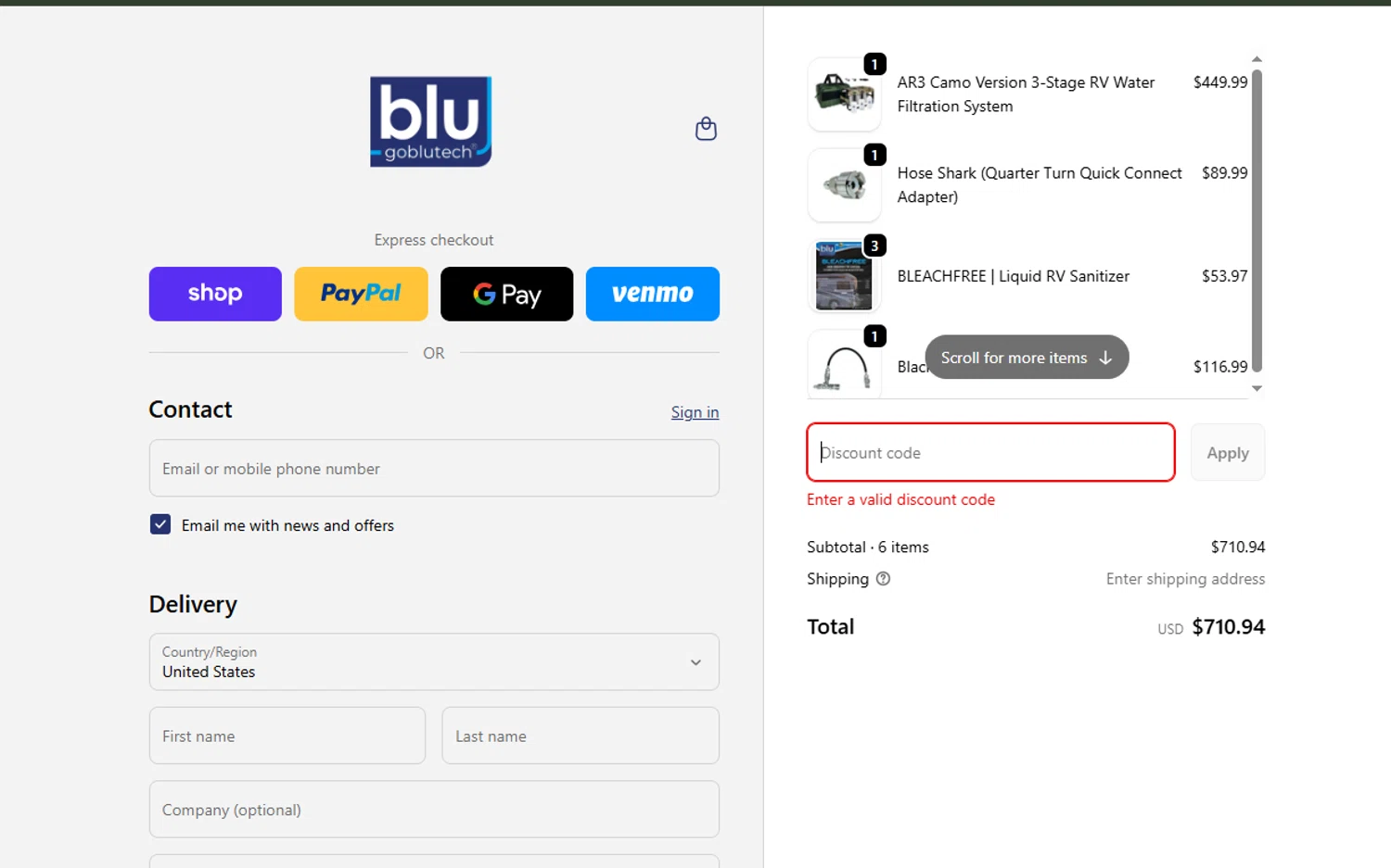 Blu Technology discount code screenshot showing code HIGHFLOW5 applied at Blu Technology checkout page. Uploaded by SimplyCodes community member ExtraordinarySeeker9807 on Nov 25, 2025