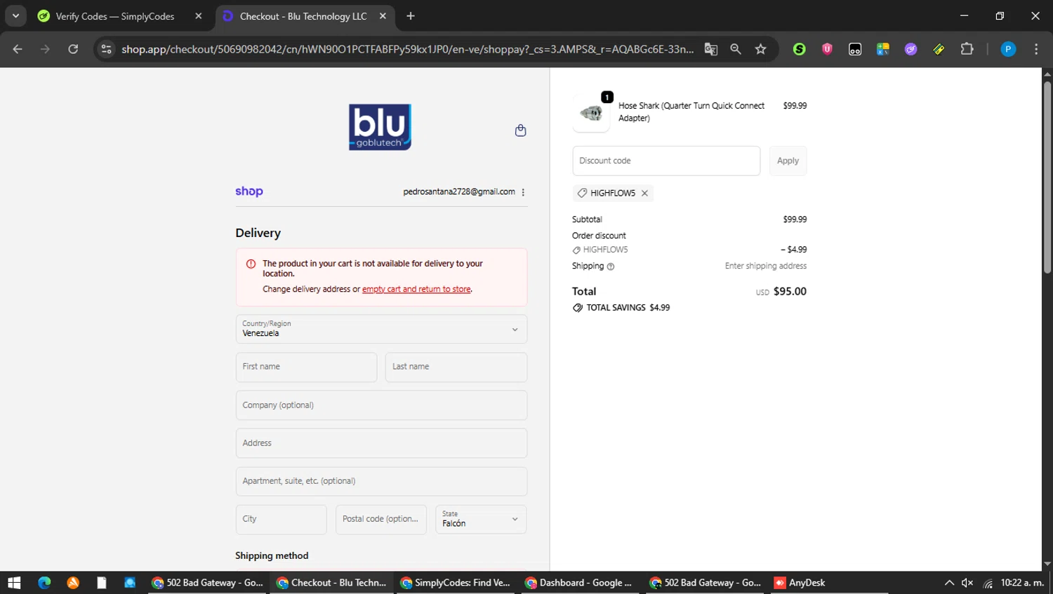 Blu Technology discount code screenshot showing code HIGHFLOW5 applied at Blu Technology checkout page. Uploaded by SimplyCodes community member MAVESA on Feb 20, 2026