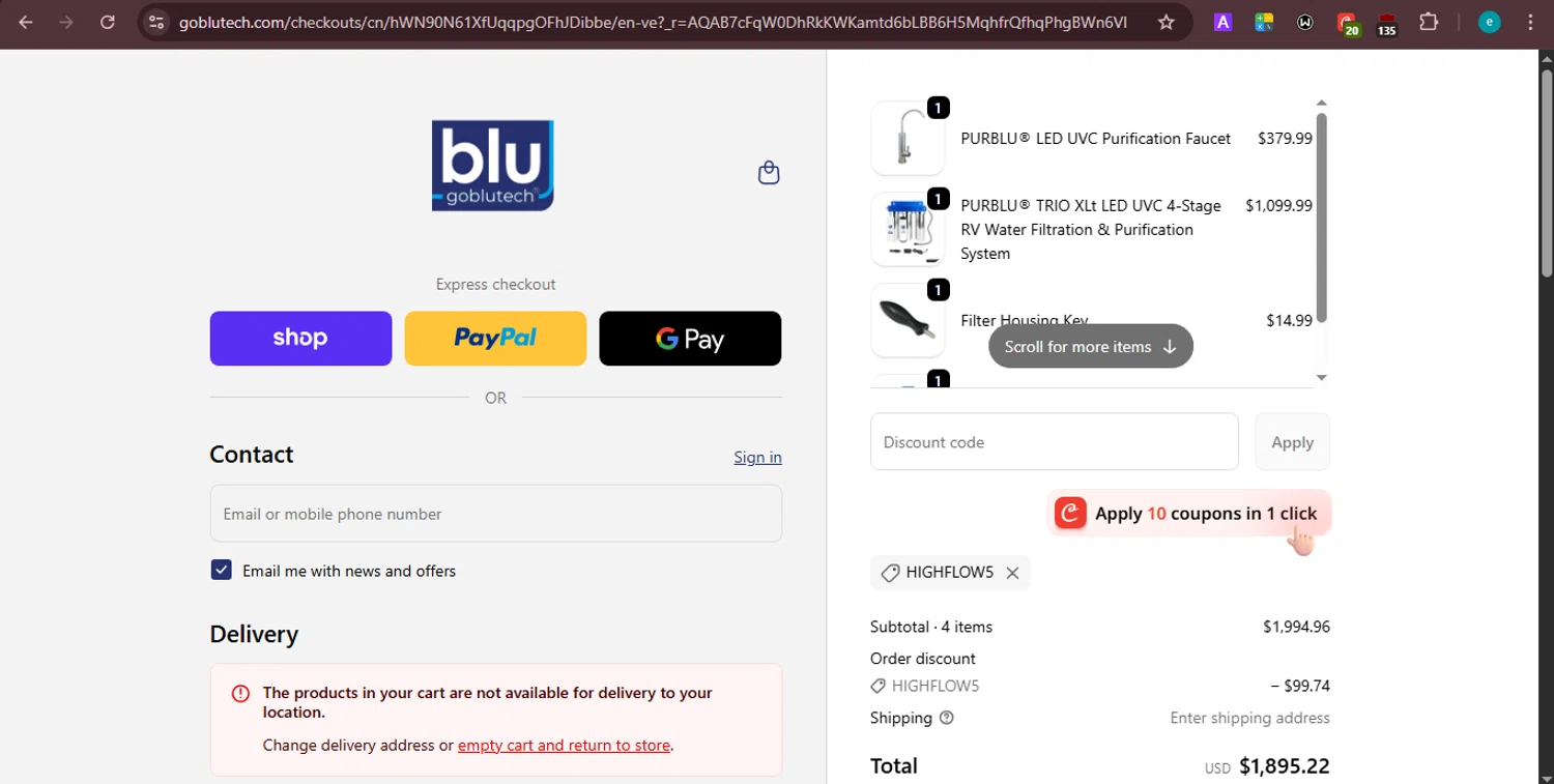 Blu Technology discount code screenshot showing code HIGHFLOW5 applied at Blu Technology checkout page. Uploaded by SimplyCodes community member PrincessCoupon on Feb 20, 2026