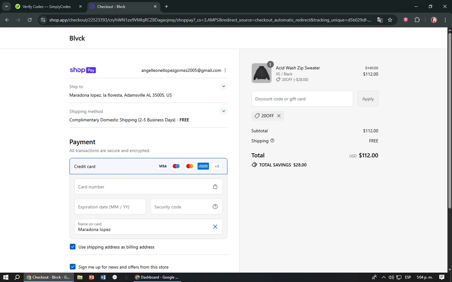 Blvck Paris discount code screenshot showing code 20off applied at Blvck Paris checkout page. Uploaded by SimplyCodes community member TreasureShopper9156 on Aug 19, 2025