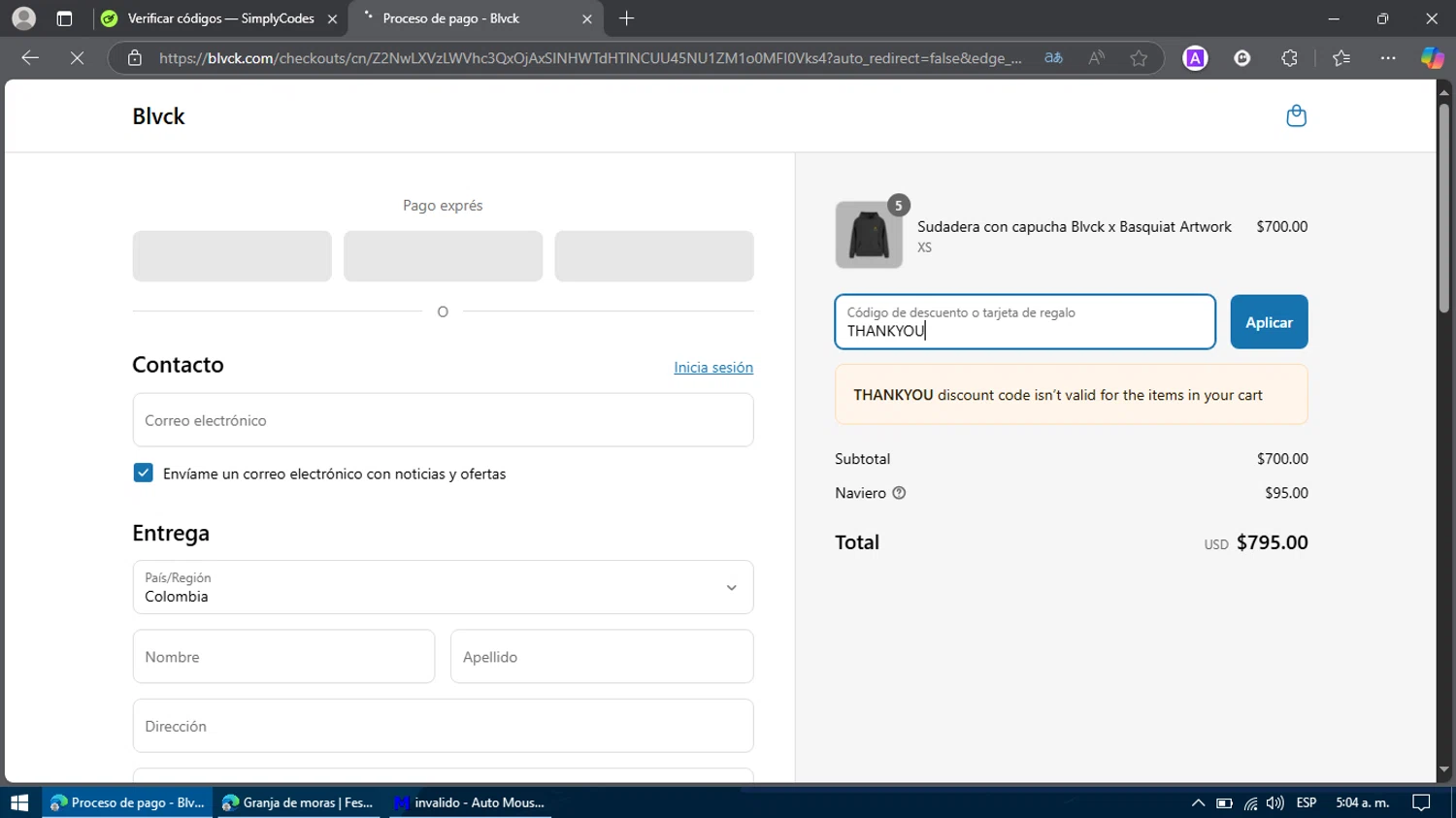 Blvck Paris discount code screenshot showing code THANKYOU applied at Blvck Paris checkout page. Uploaded by SimplyCodes community member Billy2222 on Apr 23, 2025