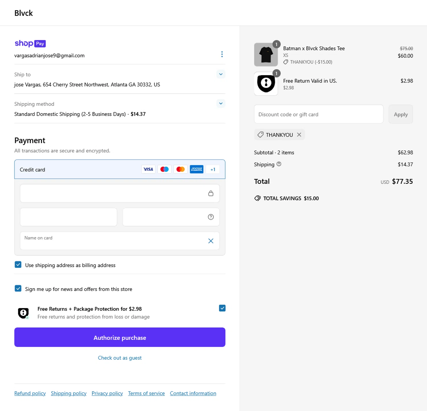 Blvck Paris discount code screenshot showing code THANKYOU applied at Blvck Paris checkout page. Uploaded by SimplyCodes community member WladimirV on Jun 17, 2025