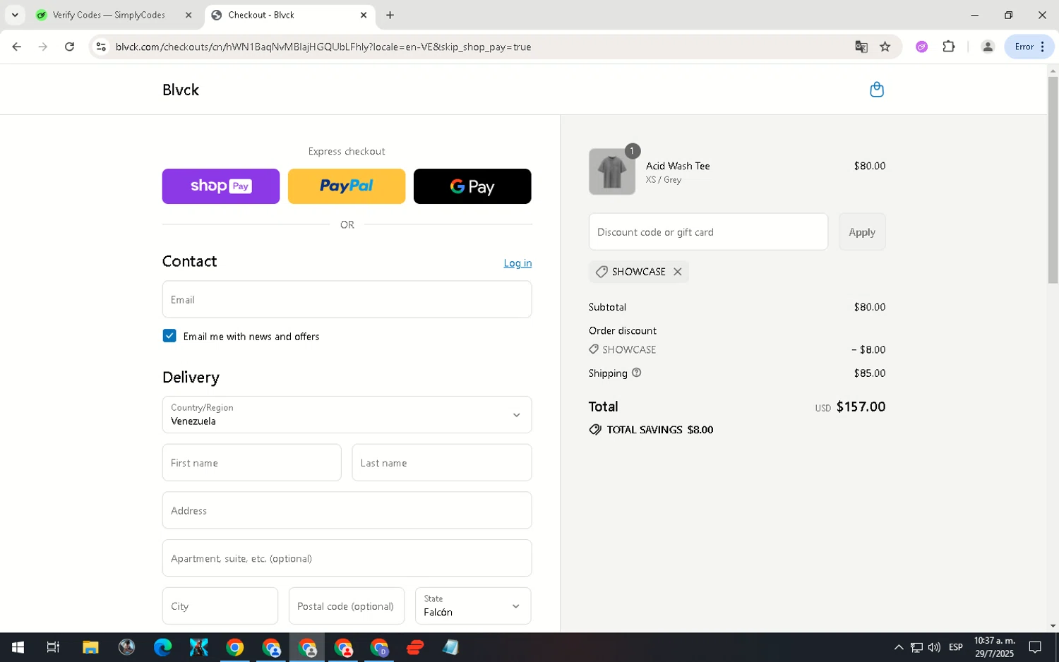 Blvck Paris discount code screenshot showing code SHOWCASE applied at Blvck Paris checkout page. Uploaded by SimplyCodes community member ScanNavigator5190 on Jul 29, 2025