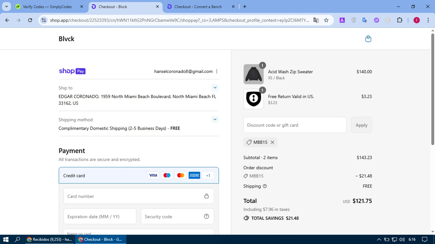 Blvck Paris discount code screenshot showing code MBB15 applied at Blvck Paris checkout page. Uploaded by SimplyCodes community member fausguillermo on Jul 25, 2025