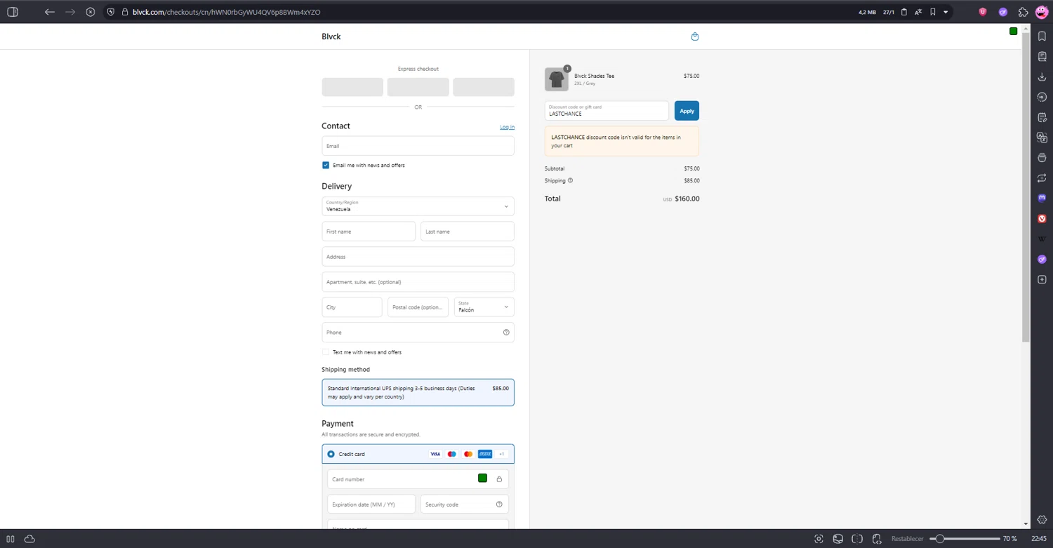 Blvck Paris discount code screenshot showing code LASTCHANCE applied at Blvck Paris checkout page. Uploaded by SimplyCodes community member kaiserser on Jul 21, 2025