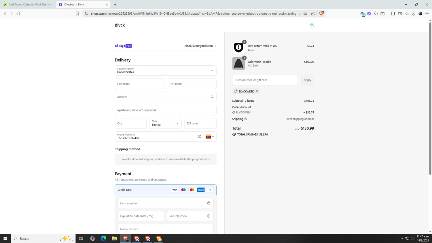 Blvck Paris discount code screenshot showing code BLVCKWEEK applied at Blvck Paris checkout page. Uploaded by SimplyCodes community member AnthonyGTX on Aug 14, 2025