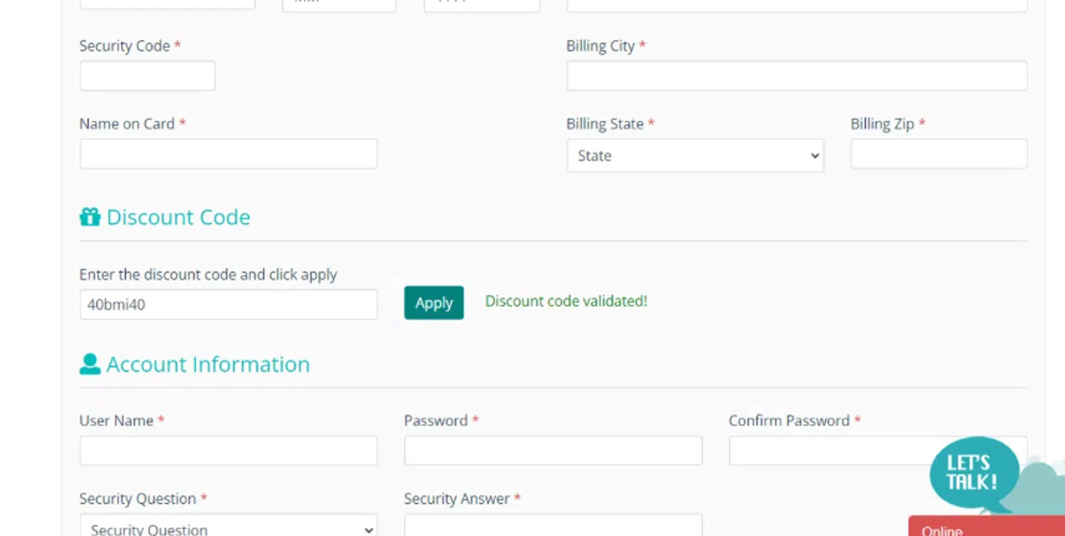 BMI Doctors promo code screenshot showing code 40bmi40 applied at BMI Doctors checkout page. Uploaded by SimplyCodes community member Frionel_Pessi on Oct 9, 2025