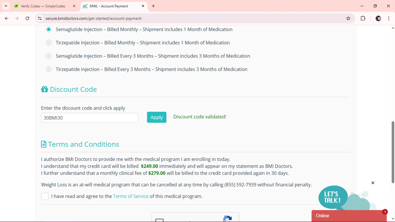 BMI Doctors promo code screenshot showing code 30BMI30 applied at BMI Doctors checkout page. Uploaded by SimplyCodes community member aSASAS on Nov 8, 2025