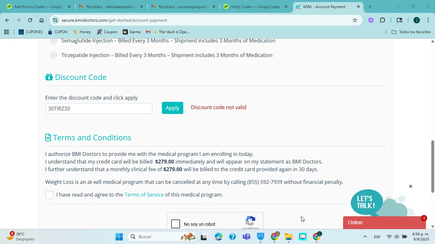 BMI Doctors promo code screenshot showing code 30TIRZ30 applied at BMI Doctors checkout page. Uploaded by SimplyCodes community member jorgejavierherrera on Sep 10, 2025