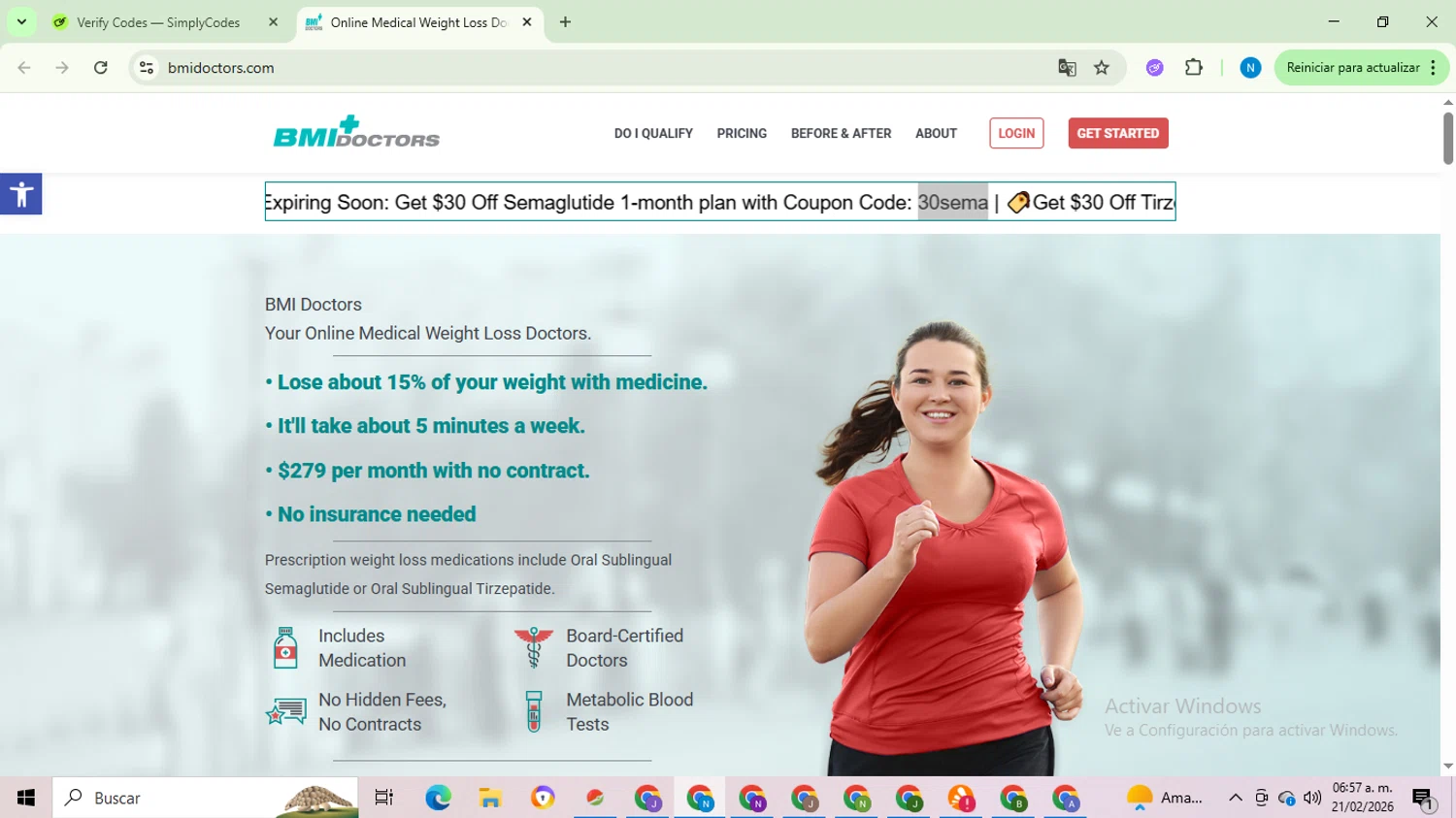 BMI Doctors checkout page showing BMI Doctors promo code box | Screenshot taken by SimplyCodes community member on Feb 21, 2026