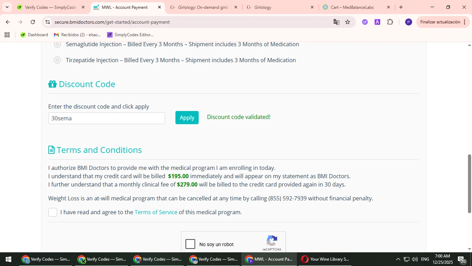 BMI Doctors promo code screenshot showing code 30sema applied at BMI Doctors checkout page. Uploaded by SimplyCodes community member TrevorPhilips on Dec 25, 2025