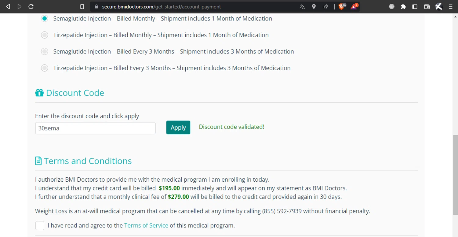 BMI Doctors promo code screenshot showing code 30sema applied at BMI Doctors checkout page. Uploaded by SimplyCodes community member l2994552451687 on Nov 26, 2025