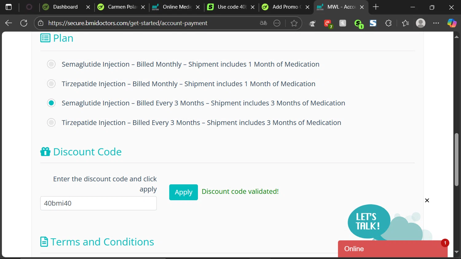 BMI Doctors promo code screenshot showing code 40bmi40 applied at BMI Doctors checkout page. Uploaded by SimplyCodes community member ESTHER3121 on Sep 10, 2025