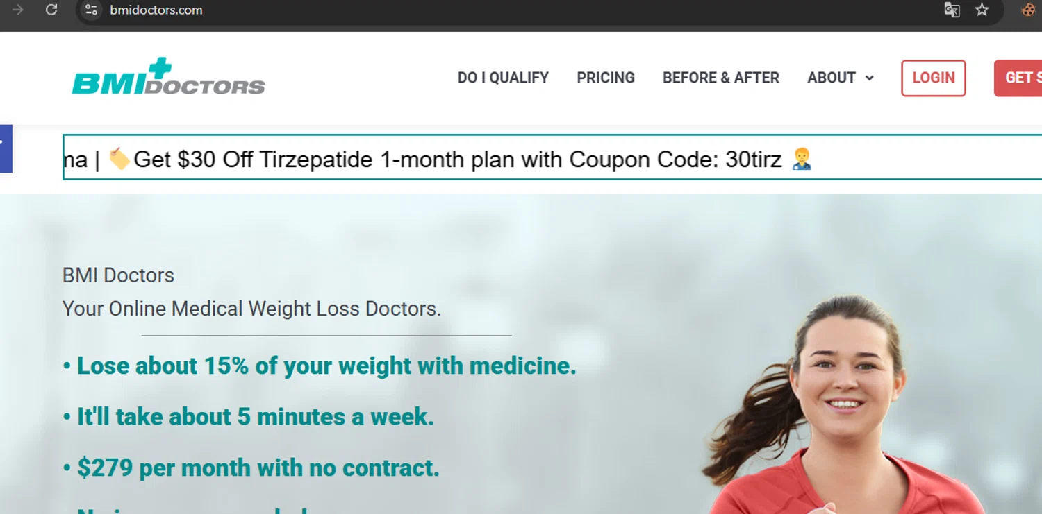 BMI Doctors promo code screenshot showing code 30tirz applied at BMI Doctors checkout page. Uploaded by SimplyCodes community member javierprez on Dec 24, 2025