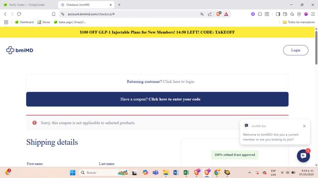 bmiMD checkout page showing bmiMD coupon code box | Screenshot taken by SimplyCodes community member on Jul 25, 2025