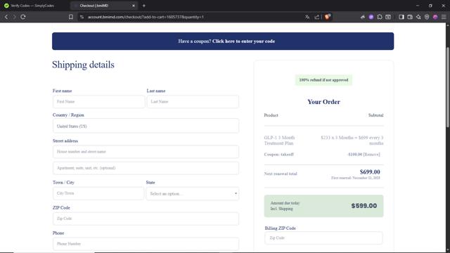 bmiMD checkout page showing bmiMD coupon code box | Screenshot taken by SimplyCodes community member on Aug 21, 2025