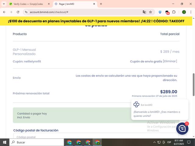 bmiMD checkout page showing bmiMD coupon code box | Screenshot taken by SimplyCodes community member on Jun 27, 2025