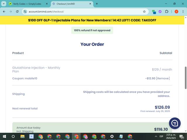 bmiMD checkout page showing bmiMD coupon code box | Screenshot taken by SimplyCodes community member on Jun 29, 2025