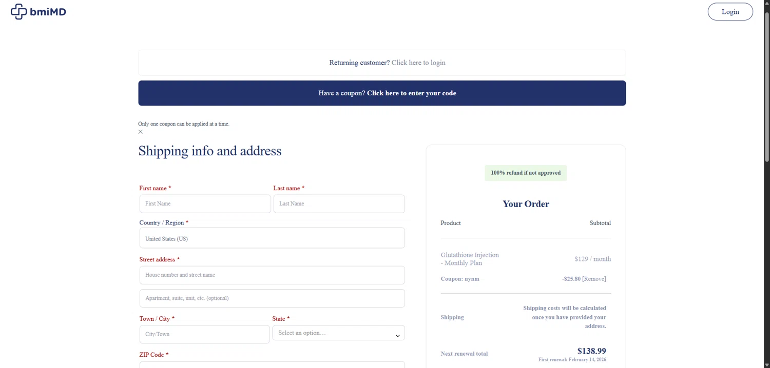 bmiMD promo code screenshot showing code MOBILE10 applied at bmiMD checkout page. Uploaded by SimplyCodes community member TokenFalcon7462 on Jan 14, 2026