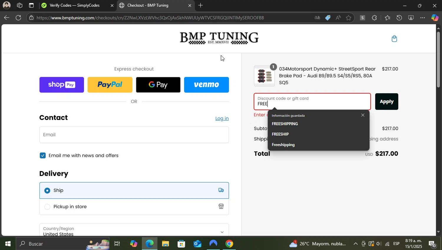 BMP Tuning discount code screenshot showing code FREE applied at BMP Tuning checkout page. Uploaded by SimplyCodes community member WonderKnight7884 on Jan 15, 2025
