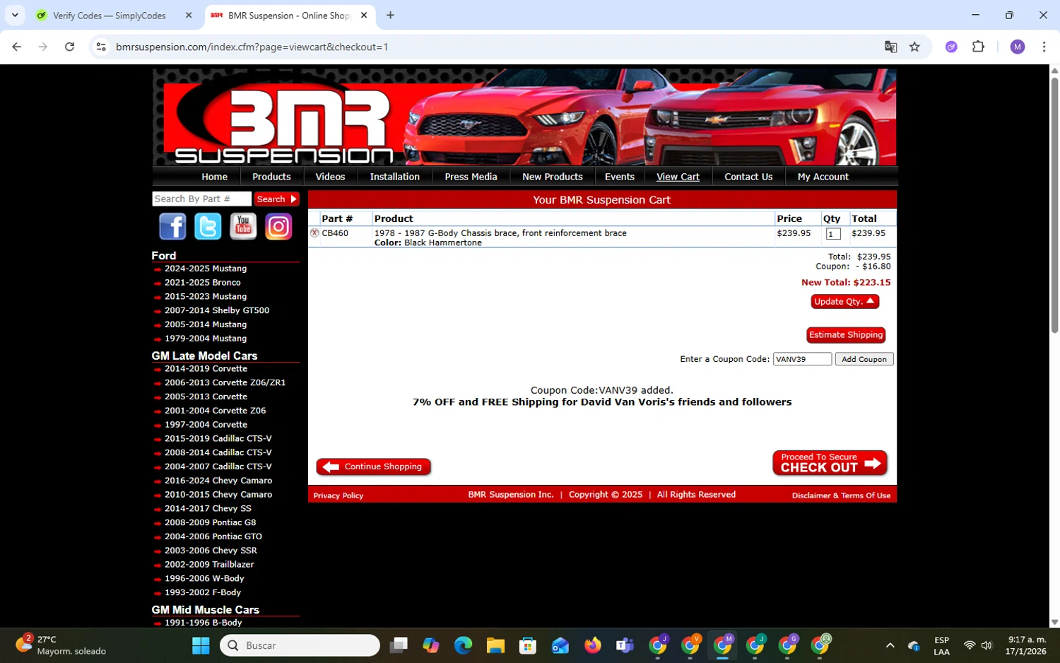 BMR Suspension discount code screenshot showing code VANV39 applied at BMR Suspension checkout page. Uploaded by SimplyCodes community member CodeLegend9632 on Jan 17, 2026