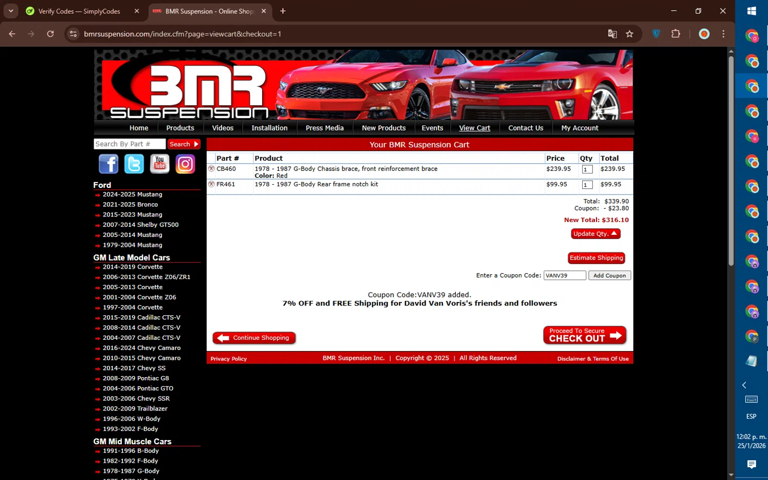 BMR Suspension checkout page showing BMR Suspension discount code box | Screenshot taken by SimplyCodes community member on Jan 25, 2026