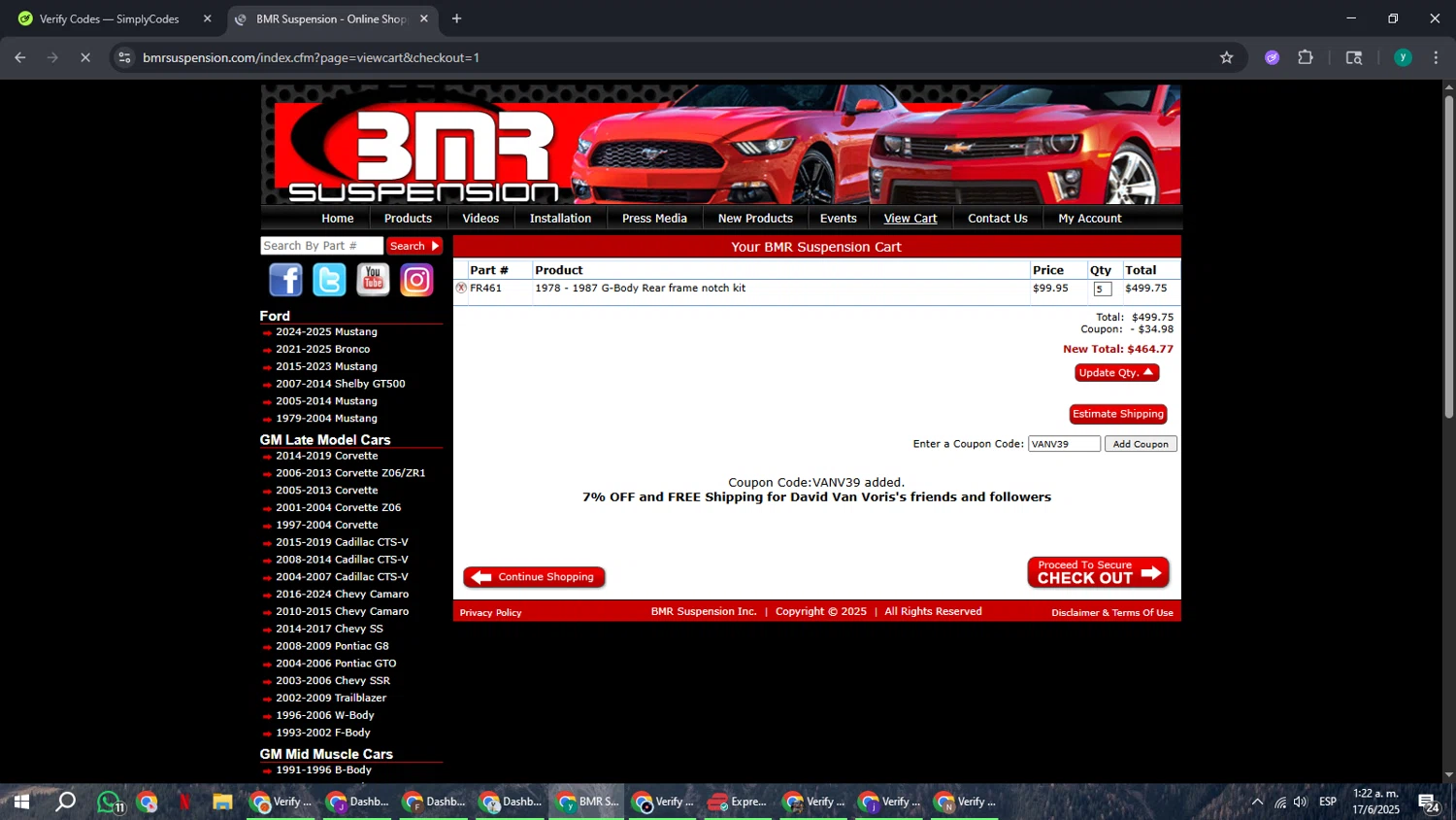 BMR Suspension discount code screenshot showing code VANV39 applied at BMR Suspension checkout page. Uploaded by SimplyCodes community member FrugalCaptain6906 on Jun 17, 2025