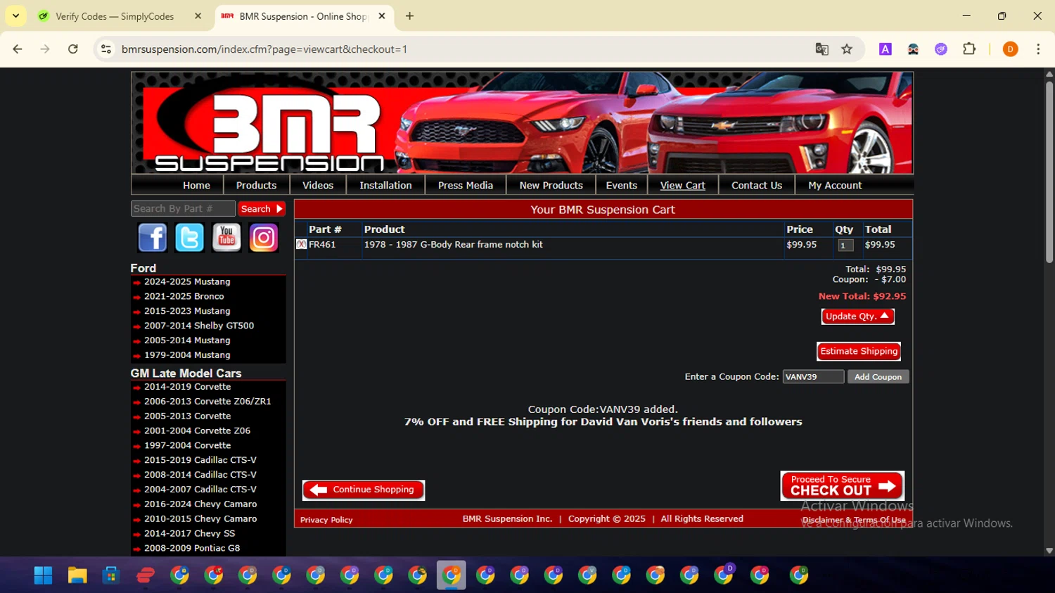 BMR Suspension discount code screenshot showing code VANV39 applied at BMR Suspension checkout page. Uploaded by SimplyCodes community member SavingsMaverick3203 on Jul 1, 2025