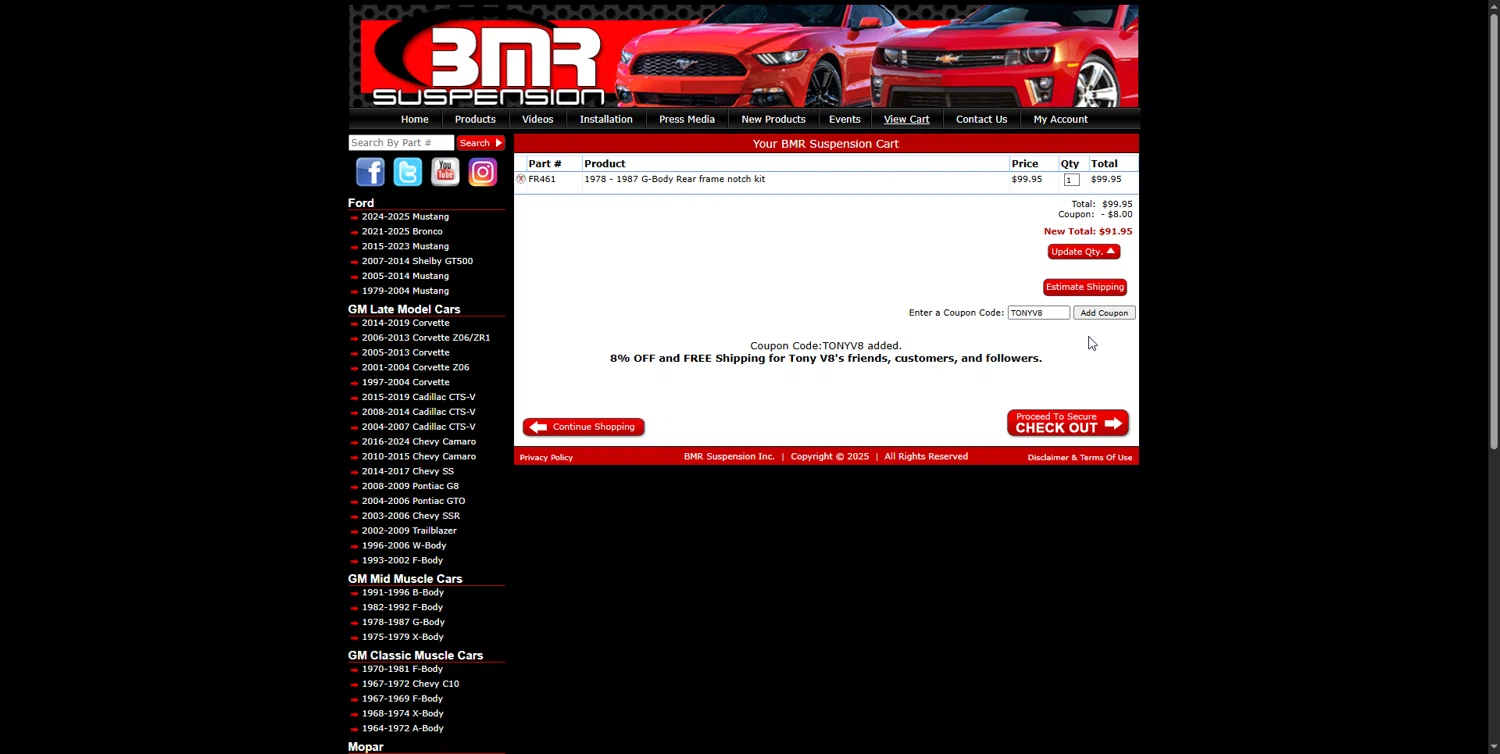 BMR Suspension discount code screenshot showing code TONYV8 applied at BMR Suspension checkout page. Uploaded by SimplyCodes community member DonutPunks on Jul 1, 2025