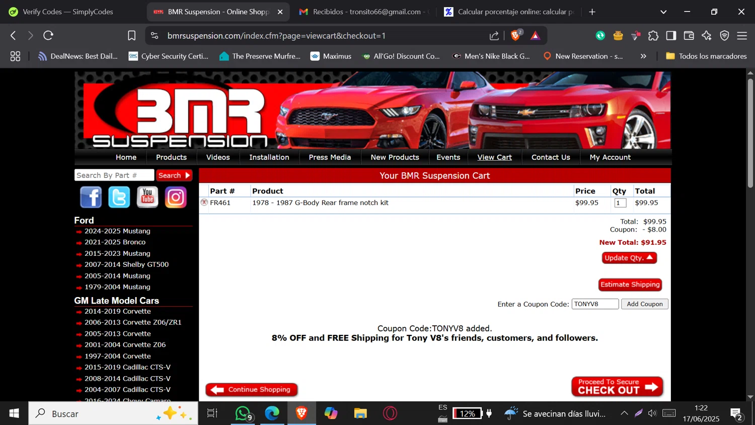 BMR Suspension discount code screenshot showing code TONYV8 applied at BMR Suspension checkout page. Uploaded by SimplyCodes community member DORIANGEL on Jun 17, 2025