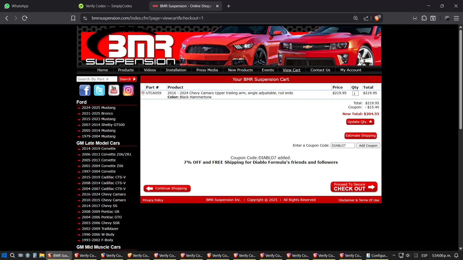BMR Suspension discount code screenshot showing code DIABLO7 applied at BMR Suspension checkout page. Uploaded by SimplyCodes community member SimplyGOAT on Oct 10, 2025
